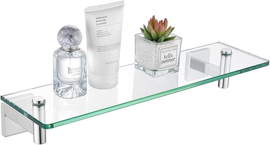 KOKOSIRI Bathroom Shelves Wall Mounted Floating Glass Shelf Polished Stainless Steel 16-Inch Small Hanging Rack for Storage/Room Decor B1105CH-L16