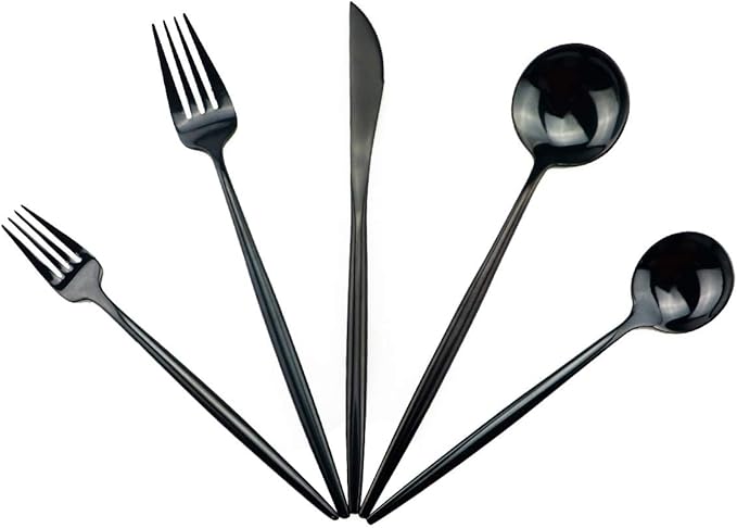 Gugrida Portable Silverware Set - 20-Piece Flatware Cutlery Set - 18/10 Stainless Steel - Mirror Polishing Black - Travel Elegant Modern Utensils - Service for 4 Include Steak Knife Dinner Fork Spoon