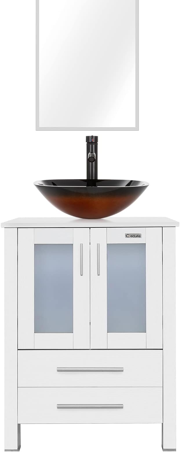 eclife 24" Modern Bathroom Vanity Sink Combo Freestanding Cabinet with Soft Closing Door, Brown Square Glass Vessel Sink, Water Save Faucet, Drain (White+A48)