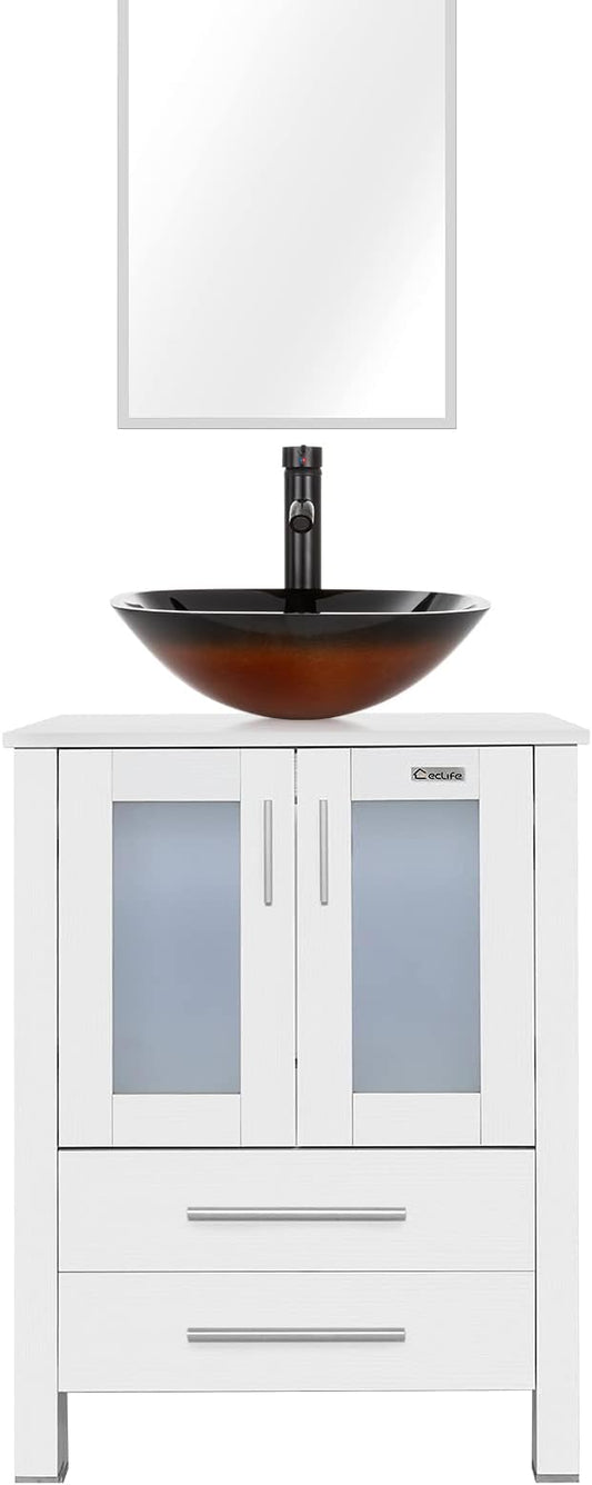 eclife 24" Modern Bathroom Vanity Sink Combo Freestanding Cabinet with Soft Closing Door, Brown Square Glass Vessel Sink, Water Save Faucet, Drain (White+A48)