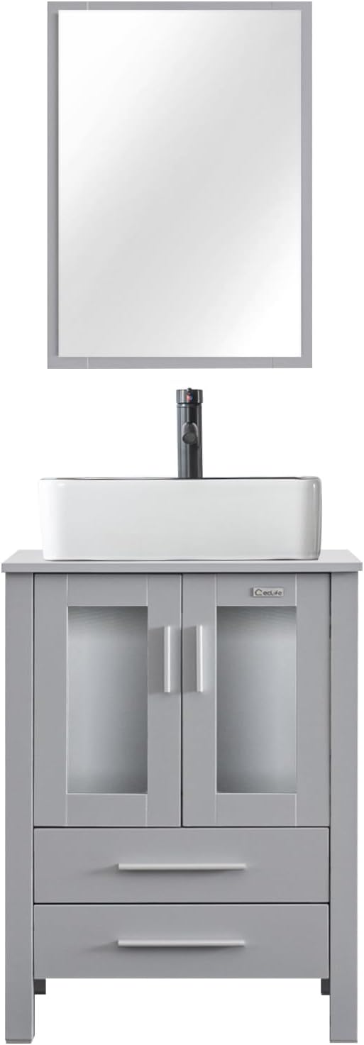 eclife 24" Modern Bathroom Vanity Sink Combo Freestanding Cabinet with Soft Closing Door, White Black Ceramic Vessel Sink, Water Save Faucet, Drain (Gray+T03BK)