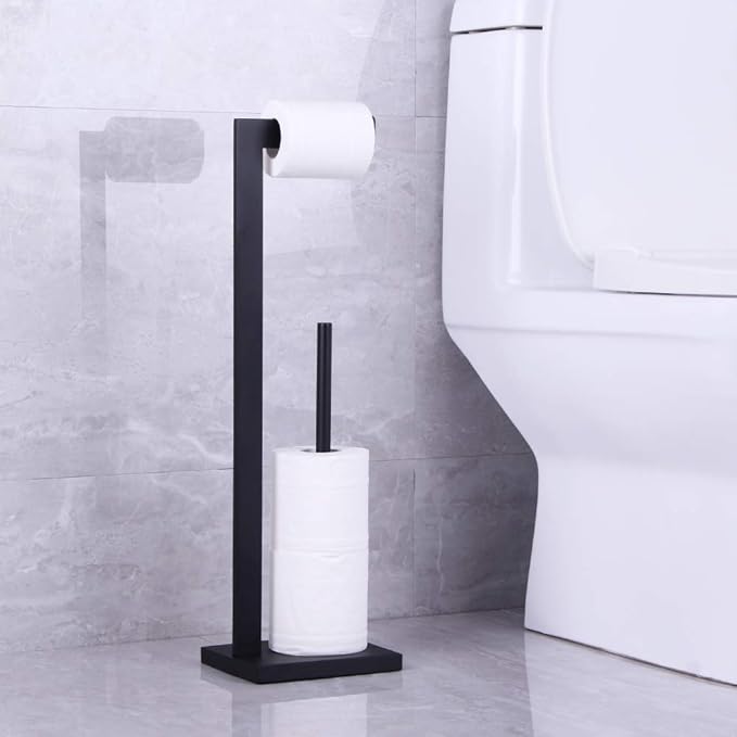 Matte Black Toilet Paper Holder Stand Toilet Paper Roll Holder with Shelf Reserve Free Standing Portable Tissue Storage Organization