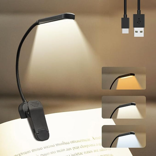 Rechargeable 20 LED Book Lights for Reading at Night - Energy Saving with Extended 60Hrs Runtime, 15-Level Stepless Dimming, Flexible Lightweight Clip on Light for Studying, Travel, Black