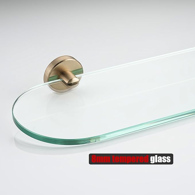 JQK Bathroom Glass Shelf, Tempered Glass Shower Storage 12 by 5 inches, 304 Stainless Steel Champagne Bronze Wall Mount, TGS121L12-CB