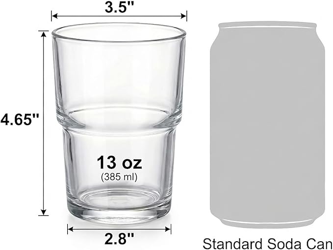 Stackable Drinking Glasses Set of 6 - 13oz Clear Glass Tumblers