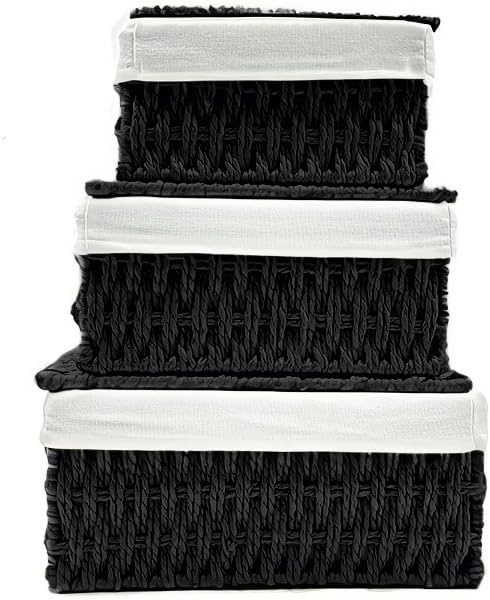 Small Woven Storage Baskets with Lids, Set of 3, Black Paper Rope Wicker Storage Bins for Bathroom Shelf, Stackable Decorative Organizer Boxes