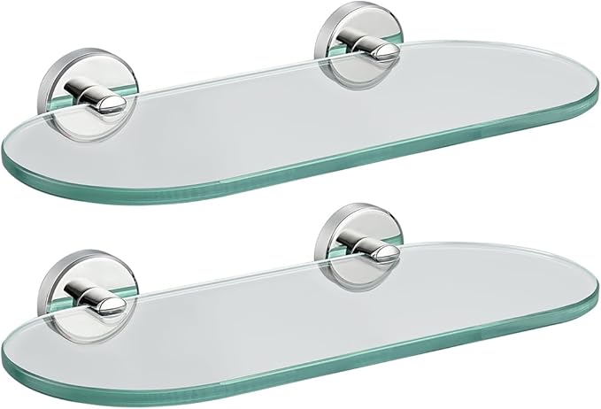JQK Bathroom Glass Shelf, Floating Tempered Glass Shower Storage 12 by 5 inches, 304 Stainless Steel Polished Chrome Wall Mount 2 Pack, TGS121L12-CH-P2