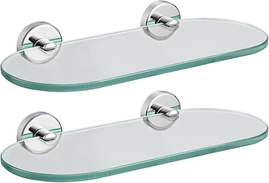 JQK Bathroom Glass Shelf, Floating Tempered Glass Shower Storage 12 by 5 inches, 304 Stainless Steel Polished Chrome Wall Mount 2 Pack, TGS121L12-CH-P2