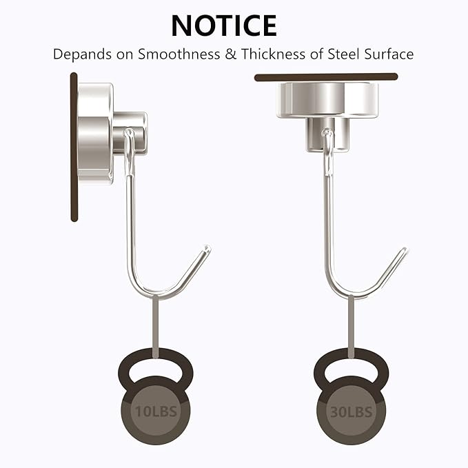 Donanim Magnetic Hooks,Heavy Duty 30LBS 8 Pack Neodymium Magnet Hook Hold for Kitchen Tools Hanging, Refrigerator, Grill, Kitchen, Key Holder, Silver