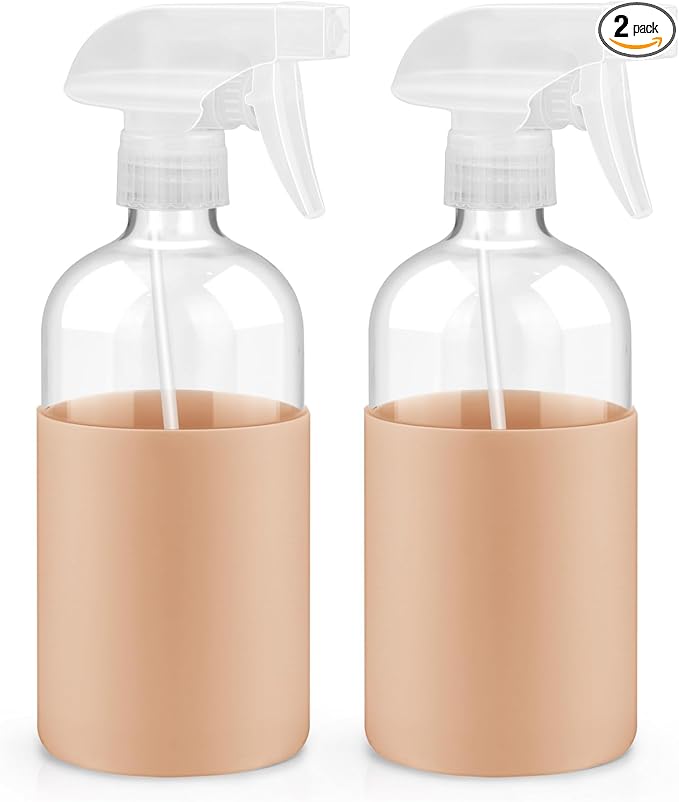 2 Pack Glass Spray Bottles with Long Silicone Sleeve, 16 oz Empty Refillable Containers with Adjustable Spray Nozzles, Spray Bottles for Hair, Cleaning Solutions and Plants khaki