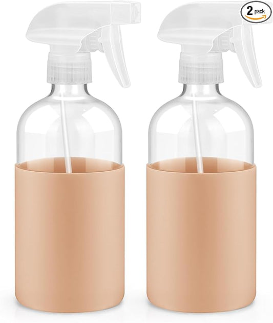 2 Pack Glass Spray Bottles with Long Silicone Sleeve, 16 oz Empty Refillable Containers with Adjustable Spray Nozzles, Spray Bottles for Hair, Cleaning Solutions and Plants khaki