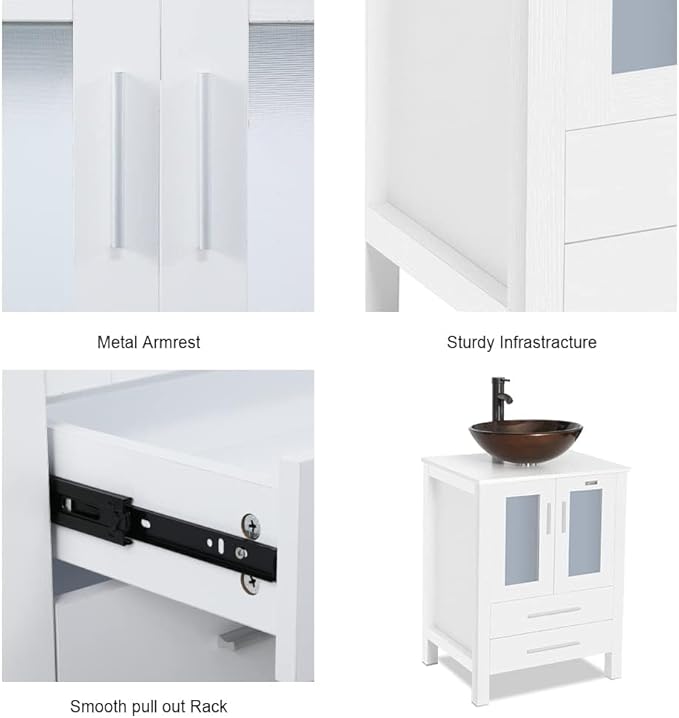 eclife 24" Modern Bathroom Vanity Sink Combo Freestanding Cabinet with Soft Closing Door, Brown Round Glass Vessel Sink, Water Save Faucet, Drain (White+A09)