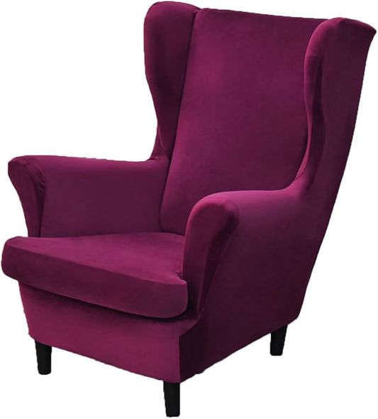OBCREAT Wingback Chair Covers 2 Piece Stretch Velvet Wingback Chair Slipcover Soft Wing Chair Sofa Covers with Elastic Bottom,Armchair Couch Cover Furniture Protector for Living Room (Magenta)