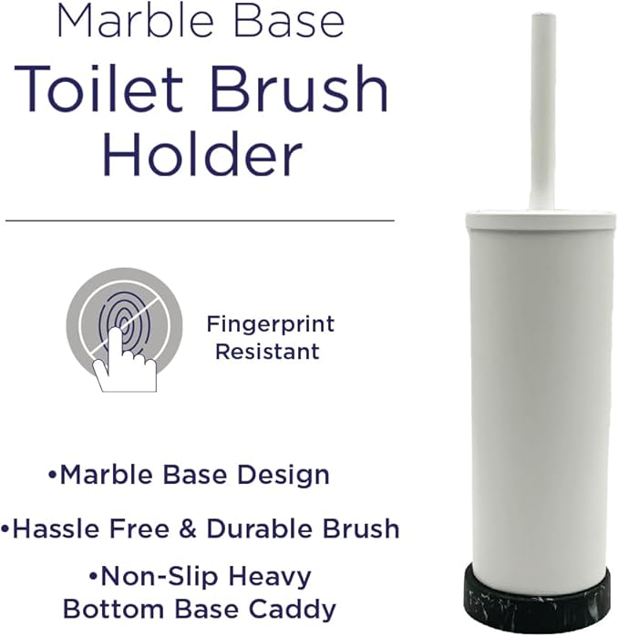 Toilet Bowl Cleaning Brush and Holder with Lid, Marble Base, 304 Stainless-Steel, Fingerprint-Proof, Rust Resistant, Heavy-Weight Base (2 Pack, White W/Black Marble)