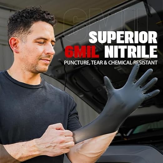 Heavy Duty 6 Mil Black Nitrile Gloves - Disposable, Latex & Powder Free | Mechanic, Food Prep & Tattoo | Rubber Gloves for Cooking, Cleaning & Household | Pack of (200)