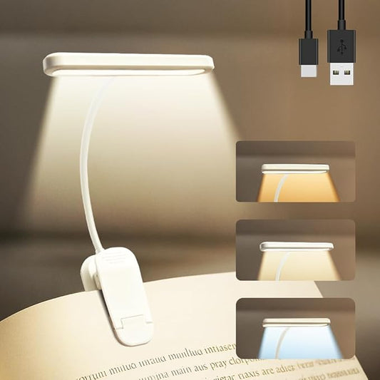 Rechargeable Book Lights for Reading at Night 25 LED - Eye Caring 15 Level Stepless Dimming, Extended 60Hrs Runtime, Lightweight Clip on Light, Gifts for Book Lovers, White