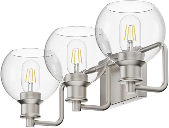 Tipace Brushed Nickel Modern Bathroom Vanity Light Fixtures Over Mirror Glass Globe 3 Lights Industrial Vanity Lights Farmhouse Bath Lighting(Exclude Bulb)