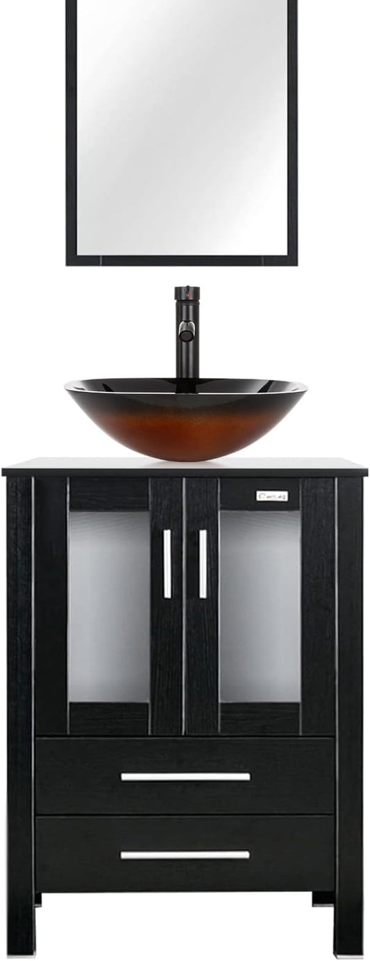eclife 24" Modern Bathroom Vanity Sink Combo Freestanding Cabinet with Soft Closing Door, Brown Square Glass Vessel Sink, Water Save Faucet, Drain (Black+A48)