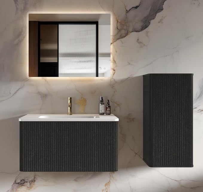 Striped Walnut Floating Bathroom Side Cabinet Wall-Mounted Storage for Small Spaces Pre-Assembled with Safe Curvy Design Push-Open Door