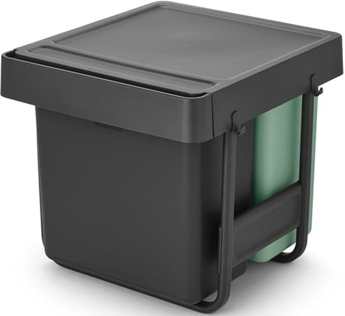 Brabantia Sort & Go Pull Out Trash Can | 4 + 4 + 5.3 Gal Built-in Under Kitchen Sink Cabinet Garbage Can | Integrated Triple Sliding Recycling Unit, Smooth Rails, Removable Buckets | Gray & Green