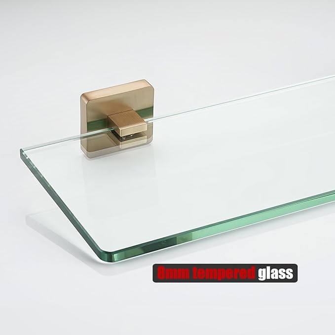 JQK Bathroom Glass Shelf, Floating Tempered Glass Shower Storage 20 by 5 inches, 304 Stainless Steel Champagne Bronze Wall Mount, TGS201L20-CB