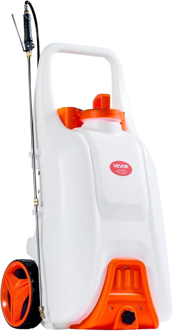 13.1 Gallon Battery Powered Sprayer with Wheels, Adjustable 0-80 PSI, 5 Nozzles and 98ft Hose Included, Orange