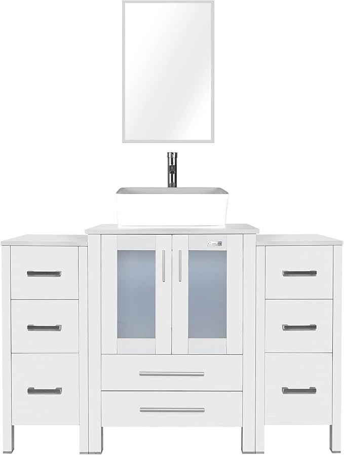 eclife 48" Modern Bathroom Vanity Sink Combo Freestanding Cabinet with Small Side Cabinet, White Rectangle Ceramic Vessel Sink, Water Save Faucet, Drain (White+T03)