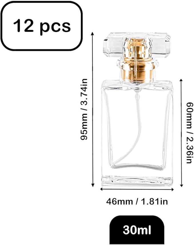 Empty Perfume Bottle Refillable 12PCS 30ml Glass Clear Travel Spray Atomizer Bottle Container Perfume Fine Mist Spray Pump Bottle Dispenser for Essential Oil Liquid (Square 30ml-12PCS)