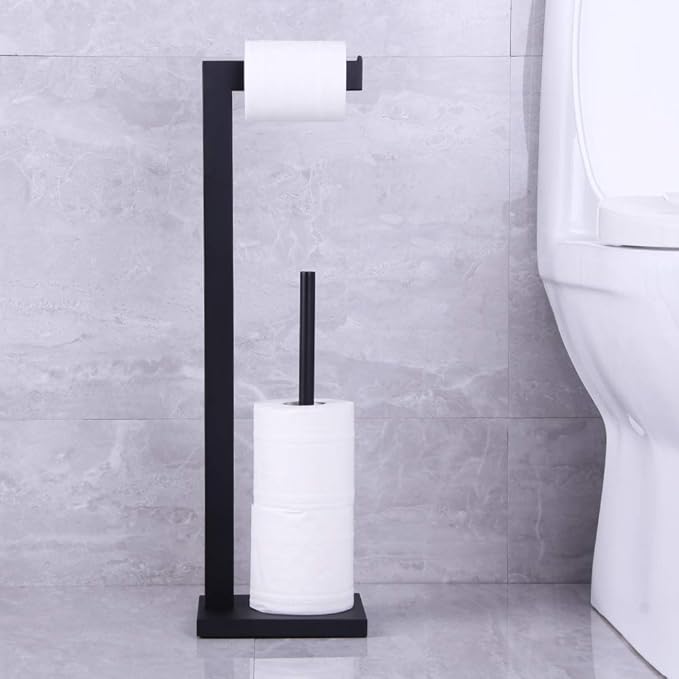 Matte Black Toilet Paper Holder Stand Toilet Paper Roll Holder with Shelf Reserve Free Standing Portable Tissue Storage Organization