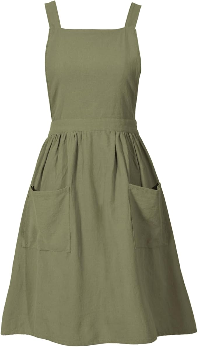 Cotton Linen Pinafore Apron Dress for Women with Pockets Cute Art Chef Aprons for Kitchen Baking Gardening Painting