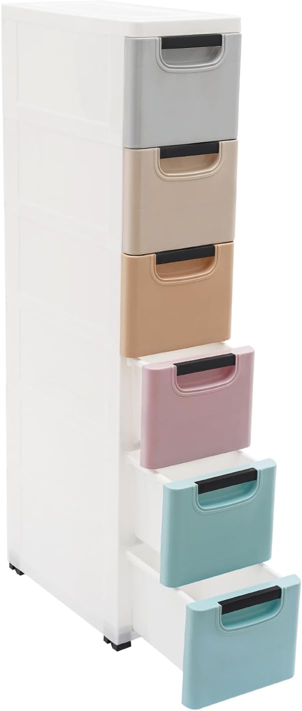 6 Drawers Plastic Storage Cabinet, Mobile Slim Utility Cart on Wheels, for Narrow Space Office Classroom Bedroom Bathroom (Multicolor)