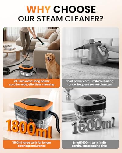 Steam Cleaner for Home & Car – Handheld Steamer for Cleaning with 2500W High Temperature, 3 Modes, 12 Accessories & 1.8L Large Tank, Portable Steam Cleaner for Couch, Grease, Kitch - Image 4