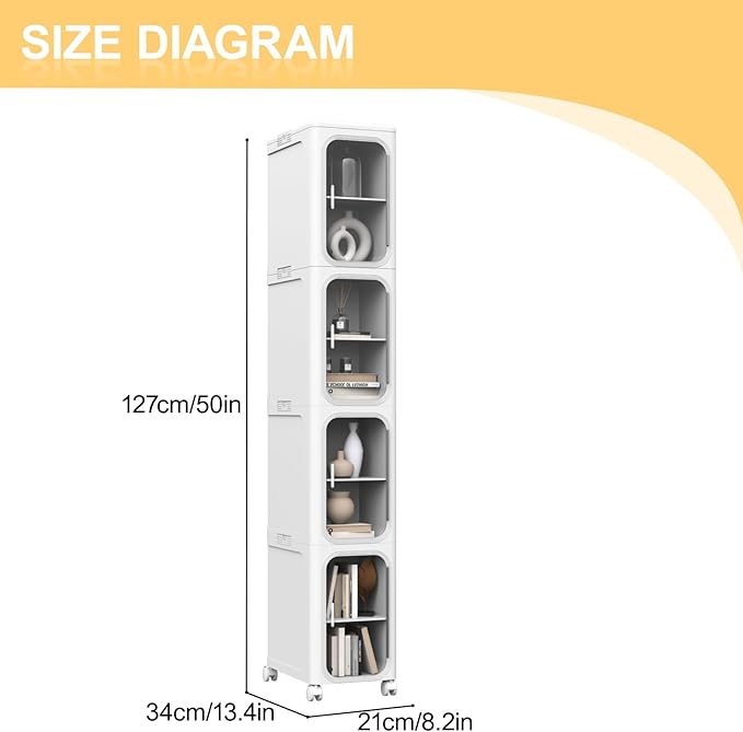 Slim Tall Bathroom Cabinet, Plastic Tall Narrow Cabinet with Doors and Shelves, Floorstanding Skinny Cabinets with Wheels, 4 Tier Corner Bathroom Organizer for Small Space
