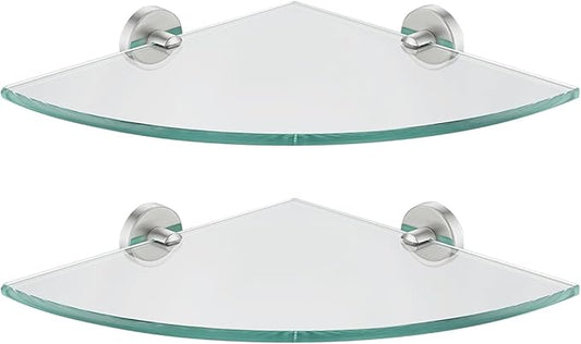 JQK Corner Glass Shelf, Brushed Steel Bathroom 304 Stainless Steel Shower Triangle Floating Wall Shelf, 10 x 10 Tempered Glass, 2 Pack, TGS190L10-BN-P2