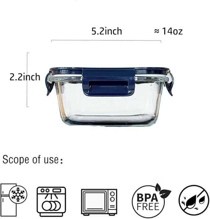 4PC Square Glass Containers With Lids (Dark Blue)