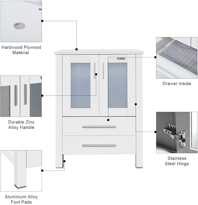 eclife 84" Modern Bathroom Vanity Sink Combo Freestanding Cabinet with Small Side Cabinet, White Boat Ceramic Vessel Sink, Water Save Faucet, Drain (White+T44)
