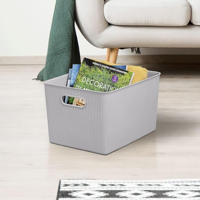 Decorative Plastic Basket Lidded Home Storage Bins Organizer, X-Large White Smoke (1 Pack - 22 Liter) Stackable Container Box, for Organizing Closet Storage Bins for Shelves - Ribbed Collection