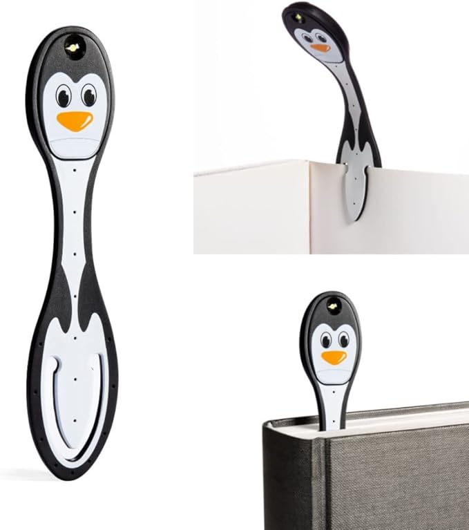 Gifts for Readers & Writers Book Light, Clip On Reading Light for Bed, 2in1 Flexilight & Bookmark, Small & Lightweight with a Soft Glow, 2 Batteries Included, Penguin