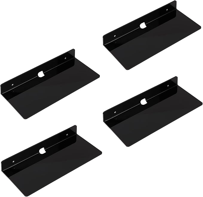 IEEK 4 PCS Small Acrylic Floating Wall Shelves,9 Inch Adhesive Display Shelf for Nintendo Switch/Smart Speaker/Security Cameras/Action Figures,No Damage Expand Wall Space,Black