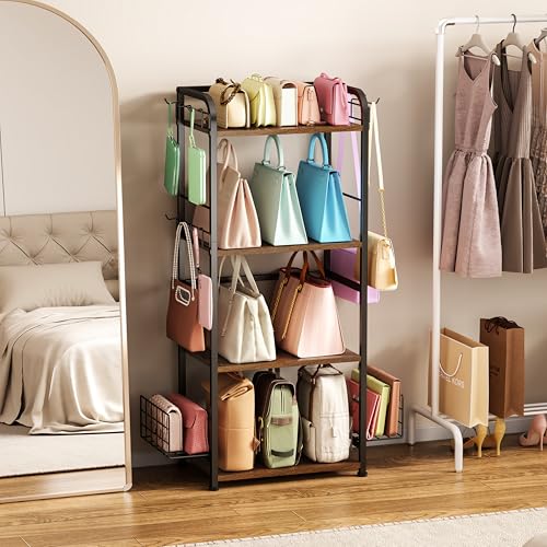 koozuuyk 4-Tier Purse Organizer for Closet with 3 Side Hooks and 2 Baskets, High Capacity Purse Rack Stand for Purse Storage, Metal & Wood Handbag Holder for Handbag Organizer, Pat - Image 3