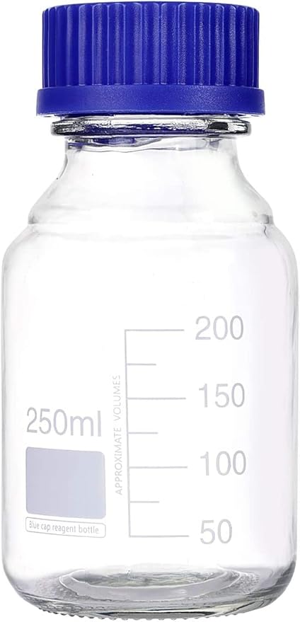 Lab Media Storage Round Bottles Graduated Glass Container GL45 Screw Cap Leakproof Multi-Purpose for Scientific — pack of 10 (Blue,250ml)
