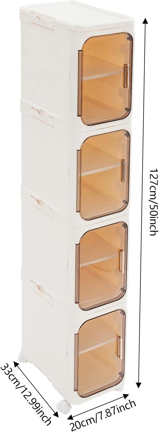 4-Tier Plastic Narrow Storage Cabinet with Movable Wheels & Doors, Tall Slim Bathroom Organizers and Storage Cabinet for Small Space, Bathroom, Kitchen, Laundry (Beige)
