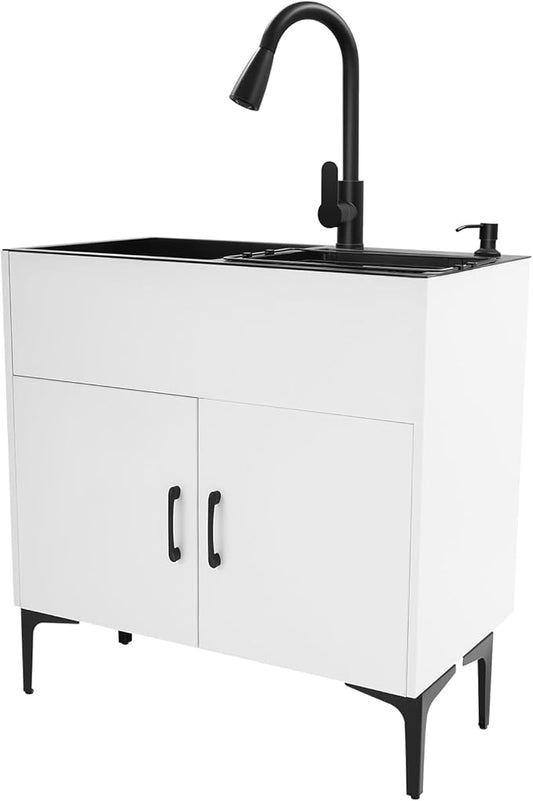 30-Inch Laundry Sink Cabinet with Stainless Steel Sink and Pull-Out Sprayer Faucet, Freestanding Deep Utility Sink with Cabinet Utility Tub for Bathroom Laundry Room Kitchen (White)