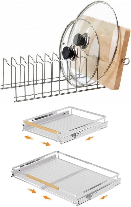 SANNO Pot Lid Organizer Pot Lid holder, Pots and Pans Organizer Drawer Plate Organizer Expandable Pull Out Kitchen Cabinet Organizers and Storage, Cabinet Sliding Shelf Under Sink Shelf