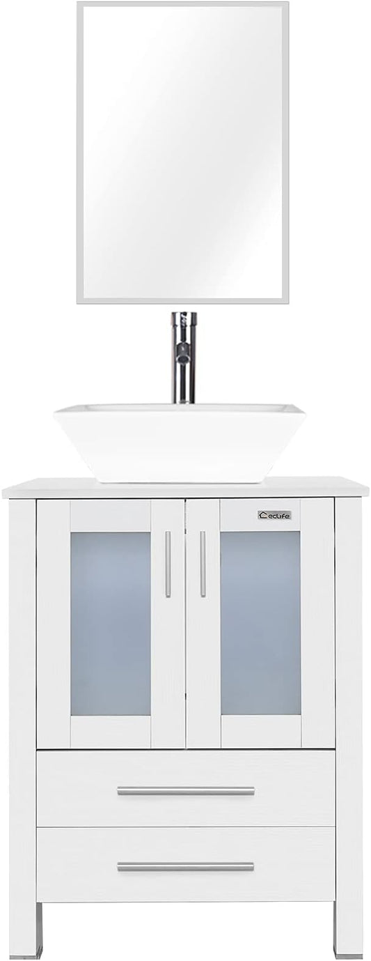 eclife 24" Modern Bathroom Vanity Sink Combo Freestanding Cabinet with Soft Closing Door, White Square Ceramic Vessel Sink, Water Save Faucet, Drain (White+A07)