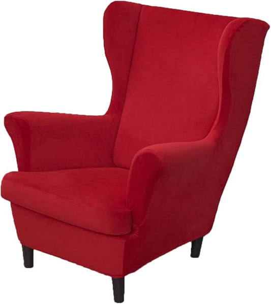 OBCREAT Wingback Chair Covers 2 Piece Stretch Velvet Wingback Chair Slipcover Soft Wing Chair Sofa Covers with Elastic Bottom,Armchair Couch Cover Furniture Protector for Living Room (Red)