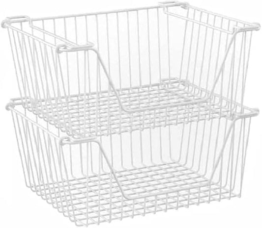 Stackable Wire Metal Baskets Cabinet Organizer Sturdy Metal Wire Pantry Freezer Bin for Home Bathroom Kitchen Friut Vegetable Organization, White - Set of 2