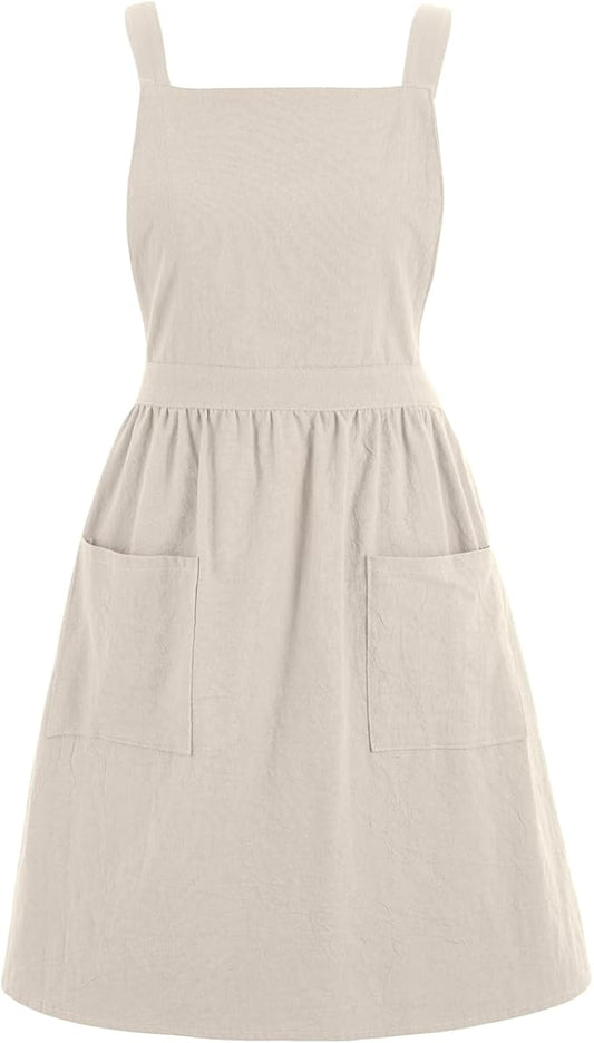 Cotton Linen Pinafore Apron Dress for Women with Pockets Cute Art Chef Aprons for Kitchen Baking Gardening Painting
