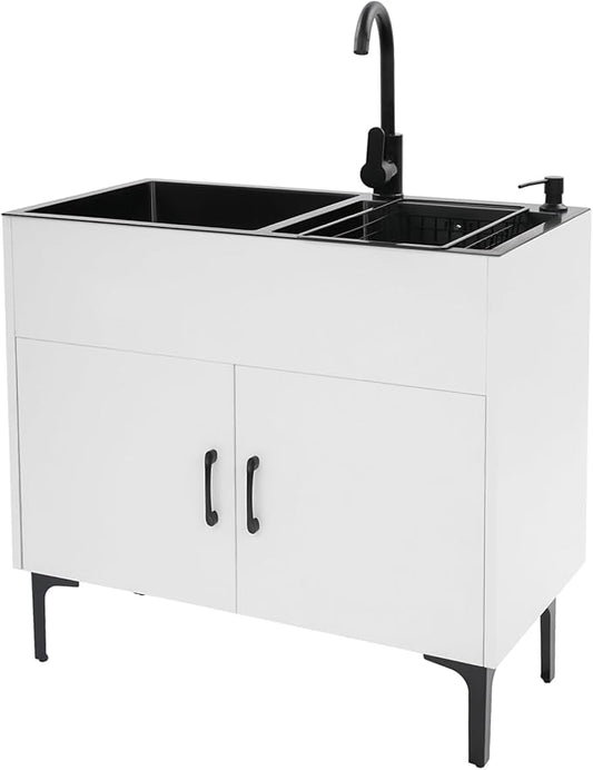 32-Inch Utility Sink Cabinet with 360° Swivel Hot/Cold Faucet, Laundry Sink with Cabinets and Stainless Steel Double Sinks, Freestanding Cabinet with Sink for Laundry&Utility Room, Kitchen, Bathroom