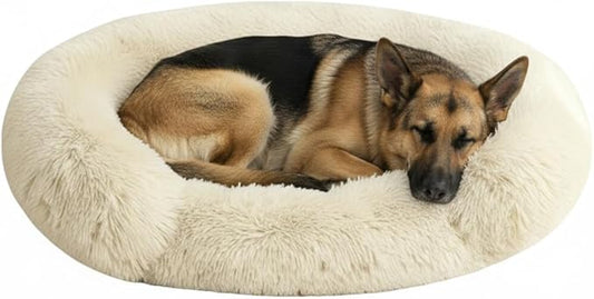 Fluffy Dog Bed Calming Donut Beds for Large Dogs Warming Round Small Medium Pet Nest Cozy Cat Mattress Indoor Washable Puppy Kennel Kittens Sleep Mat (L, 35.4×35.4 inch, Khaki)